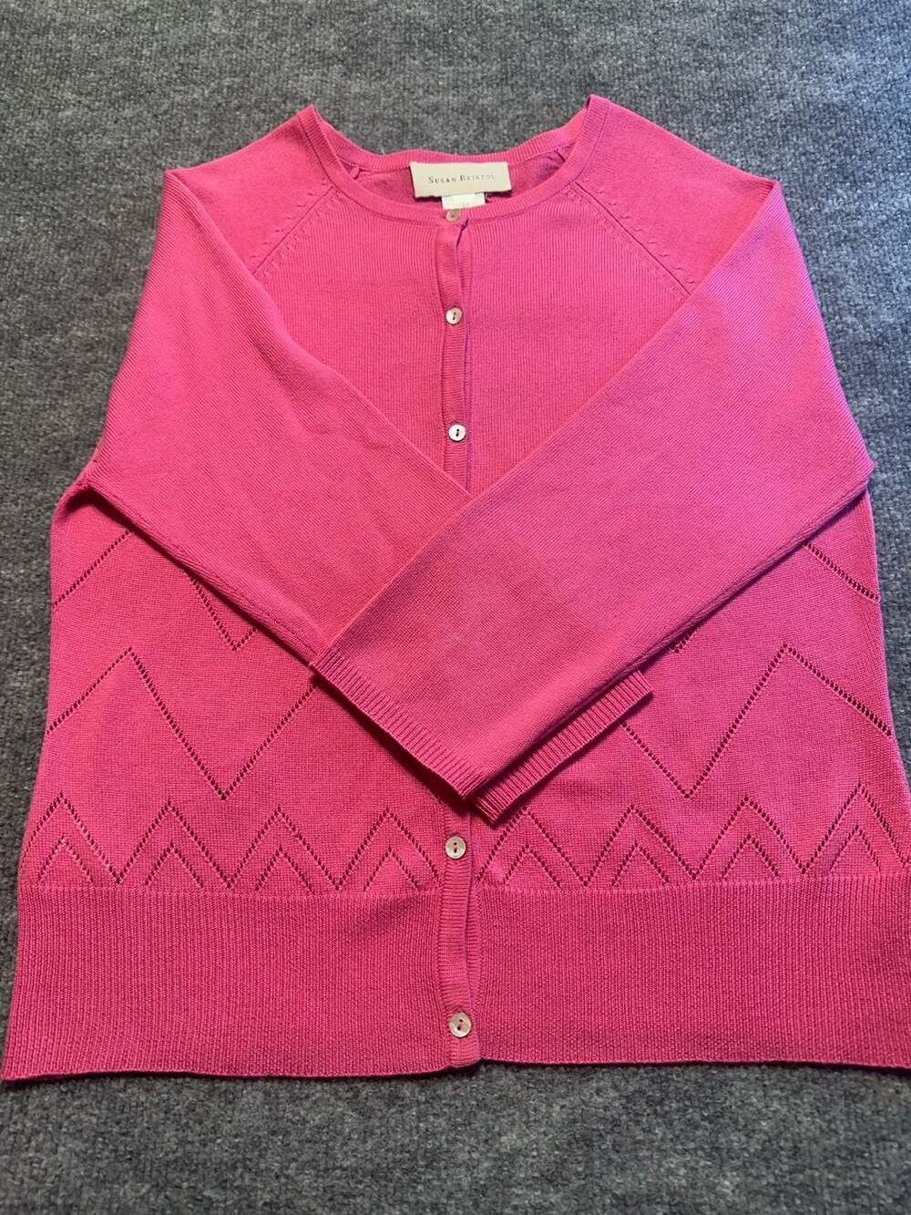 Susan Bristol Pink Silk Wool Blend Pointelle Chevron Cardigan Size M Timeless